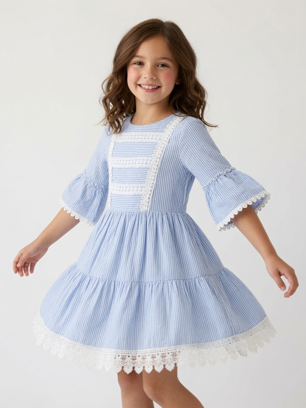 Trish Scully Child Blue White Striped Lace Trim Dress Girls 10 Bell Sleeve Tier